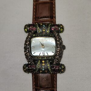 NEW La Vintage Kathy‎ Levine Watch Covered in Gems! Leather Band Art Deco Style